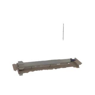 Modèle 3D d'un missile moderne sur sa rampe de lancement, sur fond uni.