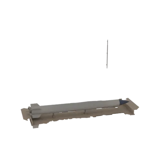 3D model of a modern missile resting on its launch pad, against a plain background.