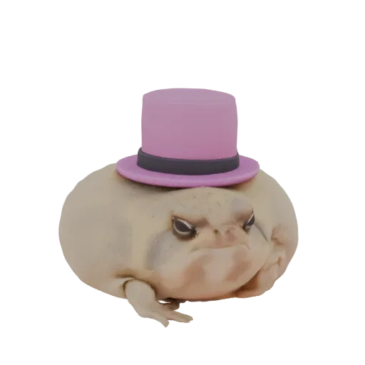 3D model of a grumpy frog wearing a pink top hat, with a dark grey band, against a black background.