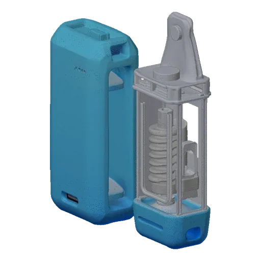 3D model of a light blue vape pod system, with the main body on the left and the internal cartridge and drip tip assembly on