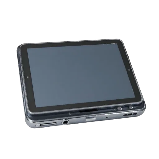 Compact Tablet Phone Low Poly 3D model, game viewport three-quarter view, showing glass screens, form detail.