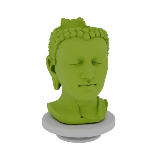 3D model of a serene green Buddha head bust with closed eyes, resting on a light grey circular base.