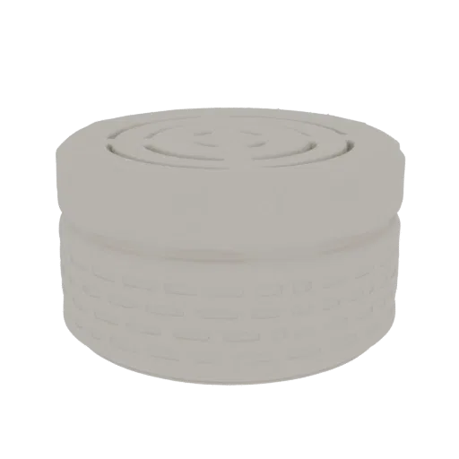 A 3D render of a modern, light-colored round container with a textured cylindrical body and a concentric ring pattern on the