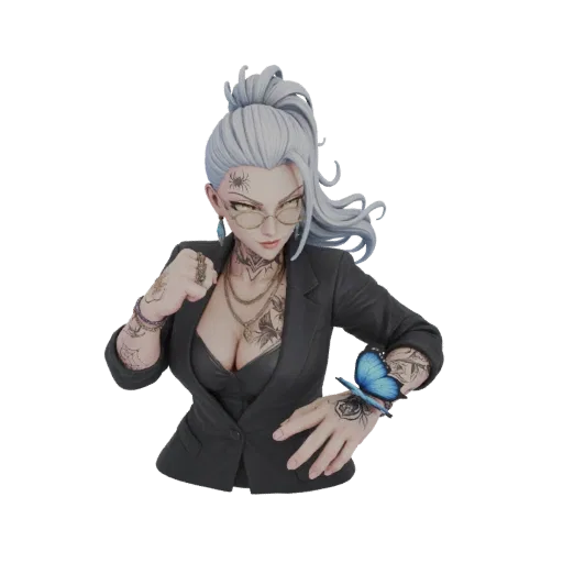 3D model of a tattooed businesswoman in a black blazer, with a blue butterfly on her hand and spider tattoos.