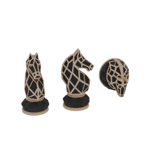 A 3D render of two abstract, geometric chess knights with a faceted design, presented on a white background.