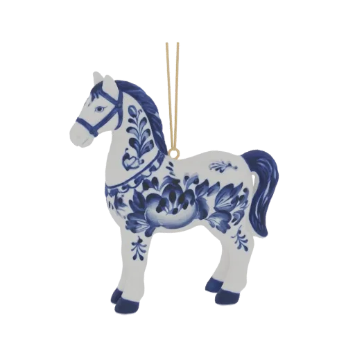 3D model of a white horse ornament with intricate blue Gzhel floral patterns and a hanging loop.