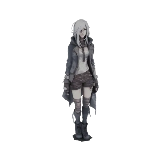 3D model of a cyberpunk girl with white hair, wearing a hoodie, shorts, and boots, standing against a black background.
