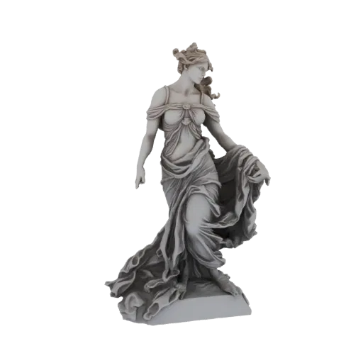 3D model of a classical goddess statue with flowing drapery, rendered in a light marble texture against a black background.
