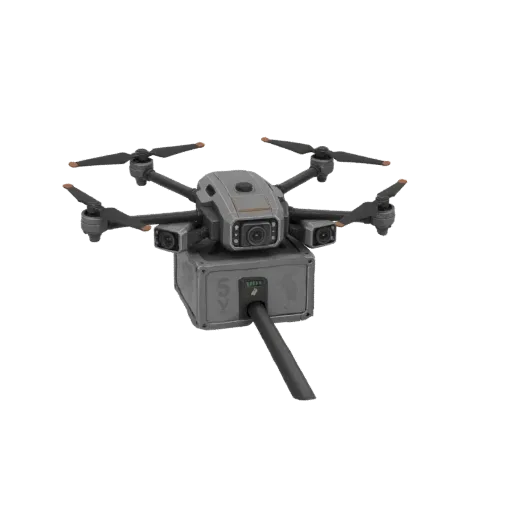3D model of a gray tactical drone with a gray payload container and a dark tube extending from the front.