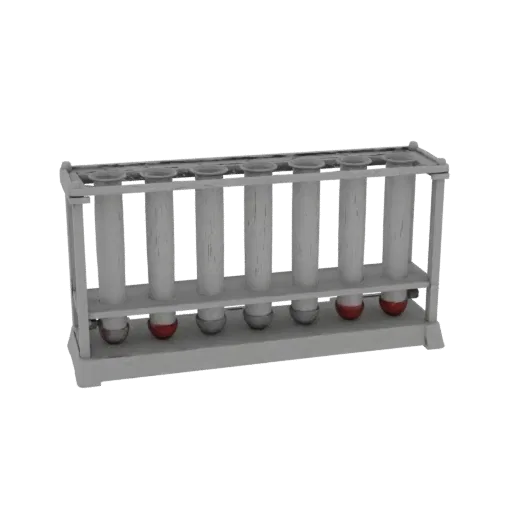 Chemistry Test Tube Rack 3D model, side profile view, technical viewport render, showing glass, recognizable lab forms.
