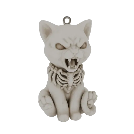 3D model of a grumpy cat with its mouth open in a snarl, wearing a skeleton collar, rendered in a stone-like texture.
