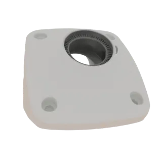 Rendu 3D d'une base carrée blanche avec un support circulaire central doté de détails nervurés, conçu pour un ventilateur, av