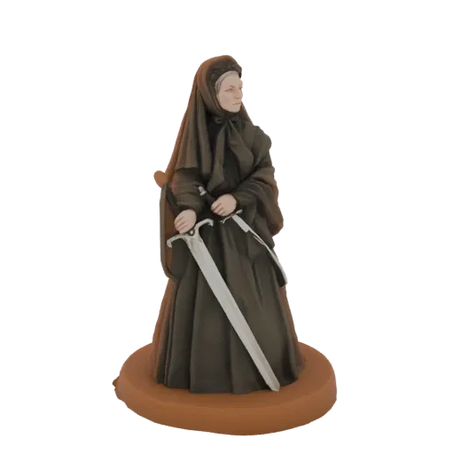 3D model render of a dark nun in a hooded robe, holding two swords, standing on a textured base.