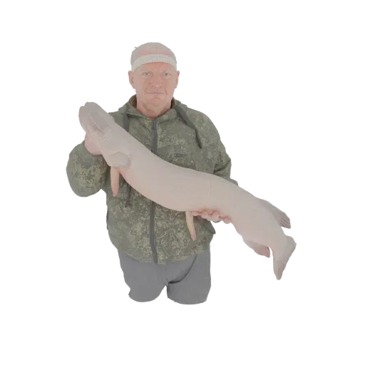 3D model of a man in a camouflage jacket holding a large, pale fish with both hands.