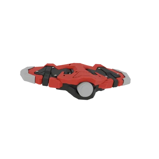 Rendu 3D d'une hélice de drone futuriste avec des composants rouges et gris, un cylindre central gris et des détails mécaniqu