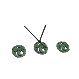3D model of a green Yin Yang pendant on a black cord, flanked by two matching green Yin Yang earrings.