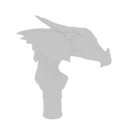A detailed 3D model render of a dragon's head and neck, facing right, with sharp horns and textured scales.
