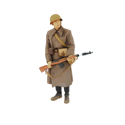 3D model of a Soviet soldier in uniform, holding a rifle, with a neutral expression and looking slightly to the side.