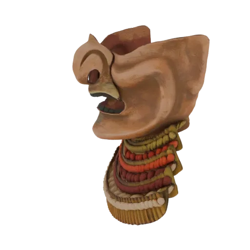 3D model of a tribal mask with a fierce expression and a detailed, layered neckpiece in red, orange, and yellow.
