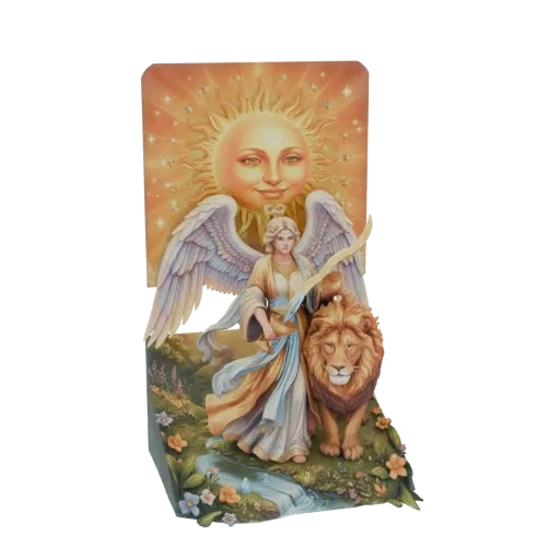 3D model of Archangel Michael with a lion and a radiant sun, set in a natural landscape.