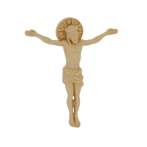 3D model of Jesus Christ on the cross, a solemn figure with a crown of thorns and draped loincloth, rendered in a light, neut