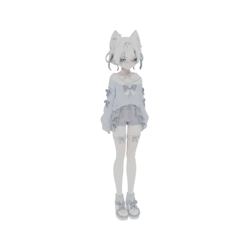 A full-body 3D model of a kawaii anime girl with white hair, cat ears, and a light blue outfit, standing against a black back