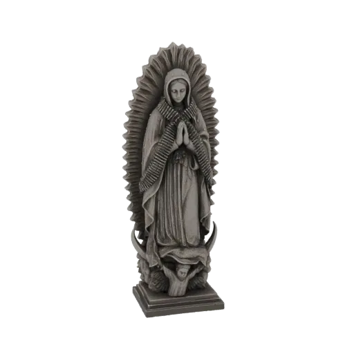 3D model of a Virgin Mary statue wearing a bullet belt, hands clasped in prayer, with a radiant halo.