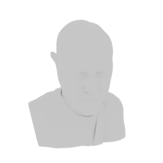 Un rendering 3D di un busto monocromatico di un giovane che guarda in basso, con finitura grigio neutro e superfici lisce.