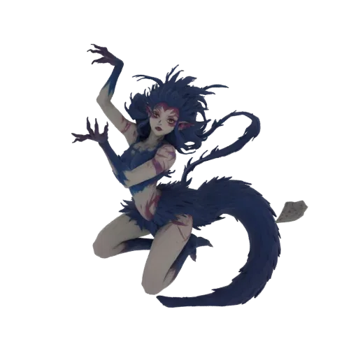3D model of a mystic feline warrior with blue fur, purple markings, and a dynamic pose, set against a black background.