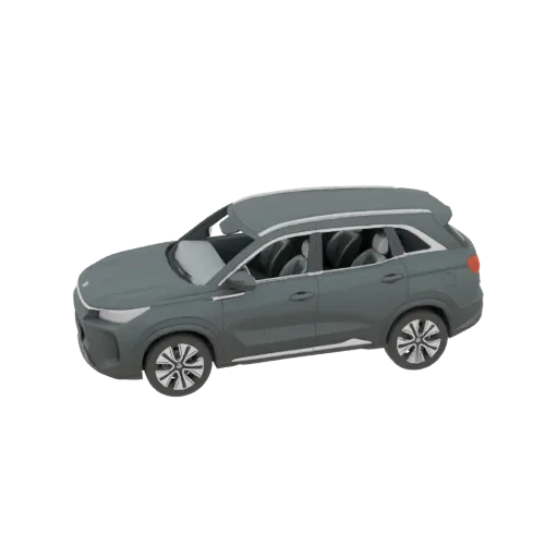 A 3D model of a dark gray SUV, viewed from a three-quarter front angle, against a white background.