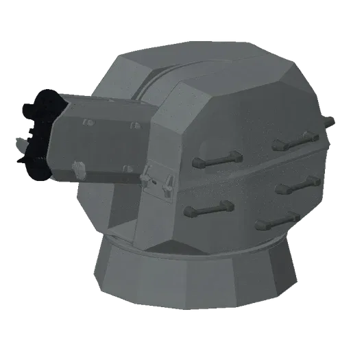 3D model of a modern naval gun turret with dual barrels, presented on a white background.