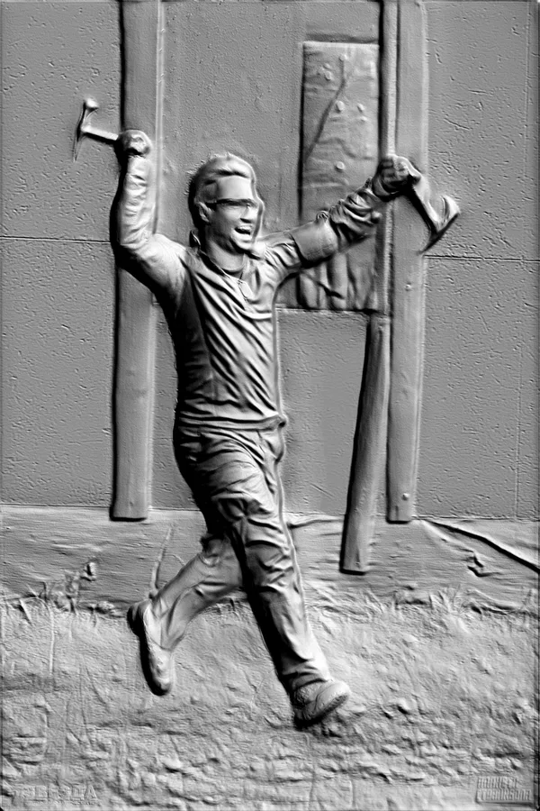 3D model of a running man with hammers bas-relief, in a sculpted relief style.