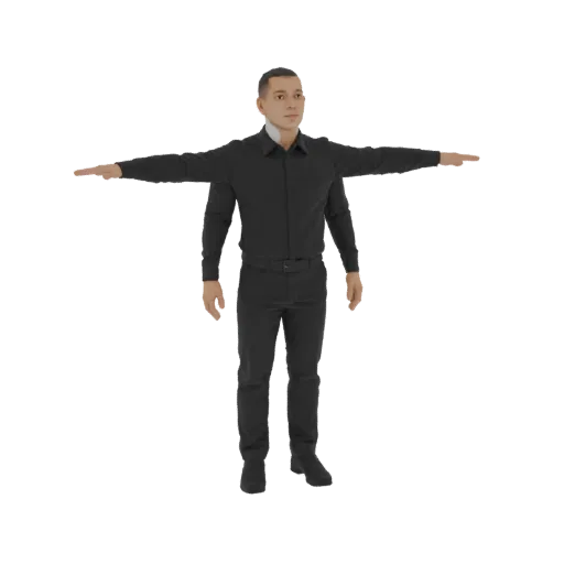 3D model of a man in a black suit standing in a T-pose, with arms outstretched horizontally.