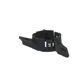 3D model of a black automotive hose clamp with two mounting tabs, shown from a slight angle against a white background.