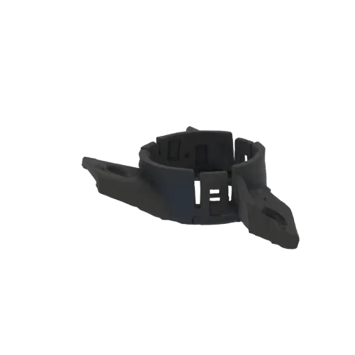 3D model of a black automotive hose clamp with two mounting tabs, shown from a slight angle against a white background.