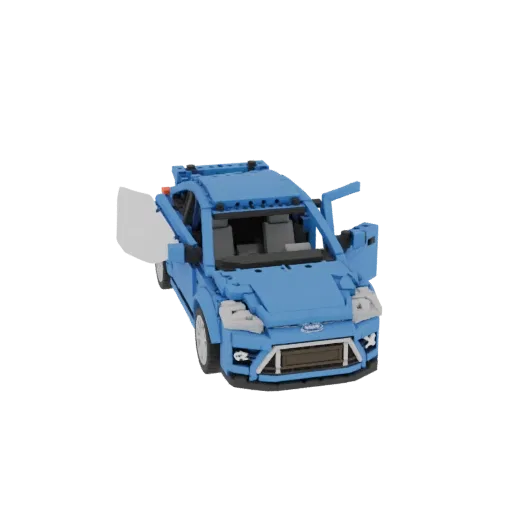 3D model blue Ford Focus II Facelift built from LEGO parts, with open doors
