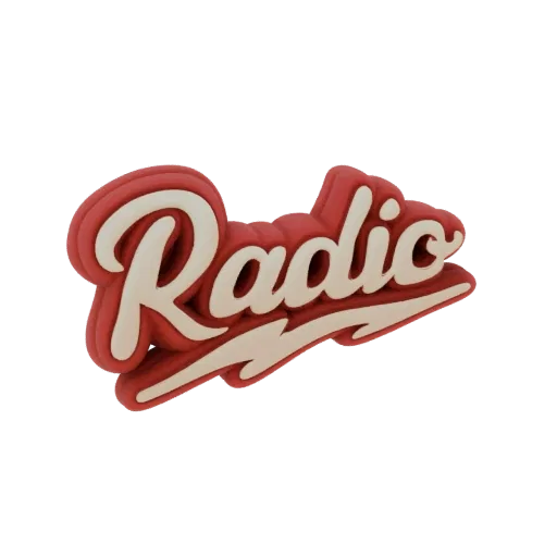 A 3D model of a retro 'Radio' logo, with stylized red and cream lettering in a script font, set against a transparent backgro