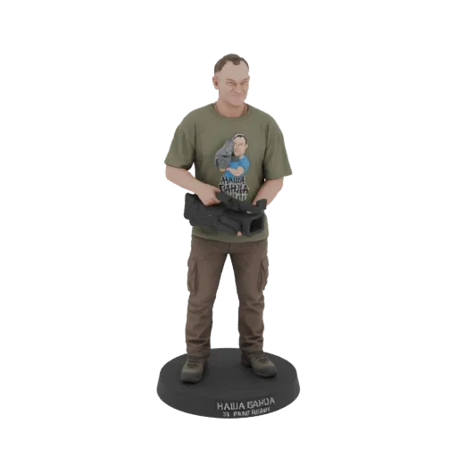 3D model of a male filmmaker character standing and holding a video camera, wearing a t-shirt and cargo pants, on a printed b
