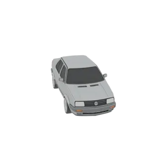 Modelo 3D de un Volkswagen Golf GTI hatchback plateado de los 90, visto desde un ángulo frontal de tres cuartos.
