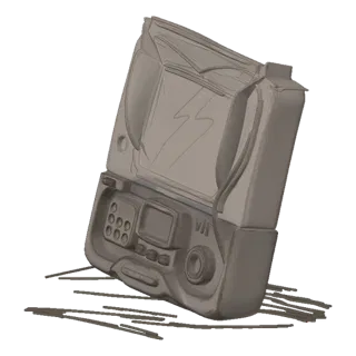 3D model of a gray retro portable media player with a screen displaying a lightning bolt graphic, resting on a surface with s