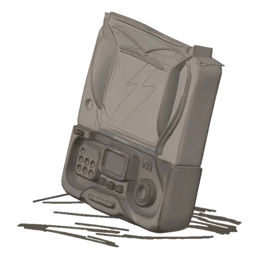 3D model of a gray retro portable media player with a screen displaying a lightning bolt graphic, resting on a surface with s