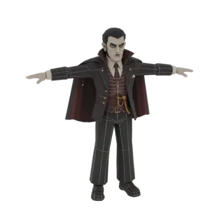 Modelo 3D de un Señor Vampiro Gótico en pose T, vistiendo un traje oscuro, capa y mostrando colmillos, con una superposición