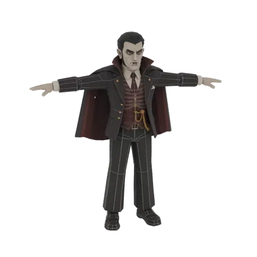 Modello 3D di un Signore dei Vampiri Gotico in posa T, con abito scuro, mantello e zanne visibili, con sovrapposizione wirefr