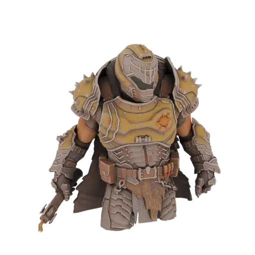 3D model of the Doom Slayer armor, a heavily armored warrior with a distinctive helmet and green visor, wearing a yellow and