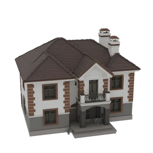 3D model of a modern two-story house with white and brick exterior, dark gabled roof, and a second-story balcony.