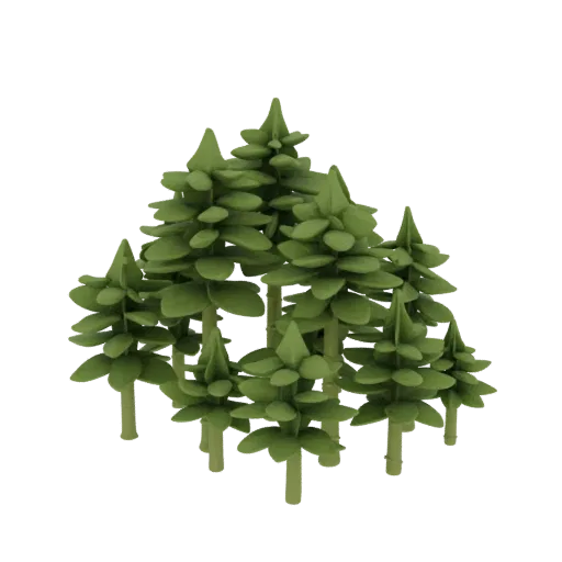 Pine Forest Pack Printable 3D model, isometric tabletop STL render, showing leaf clusters, layered vegetation clusters.