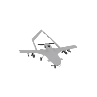 3D model of a Bayraktar TB2 drone with a light gray finish, featuring a V-tail and armed with missiles under its wings.