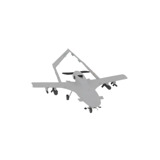 3D model of a Bayraktar TB2 drone with a light gray finish, featuring a V-tail and armed with missiles under its wings.