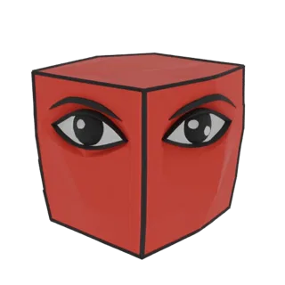 Una renderización 3D de una máscara cubista roja con ojos grandes y estilizados en blanco y negro, sobre un fondo blanco.