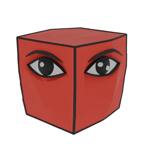 A 3D render of a red cubist mask with large, stylized black and white eyes, set against a white background.